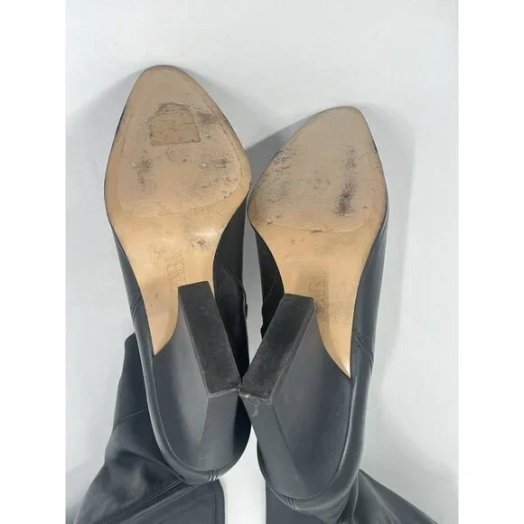 Zara Black Leather Over The Knee Heeled Boots Sz 40 Sz 9.5 - Picture 6 of 7